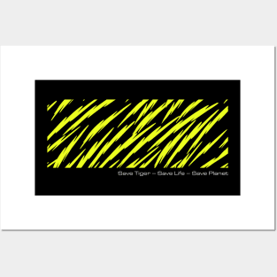 Save Tiger – Save Life – Save Planet with striking yellow on dark black background Posters and Art